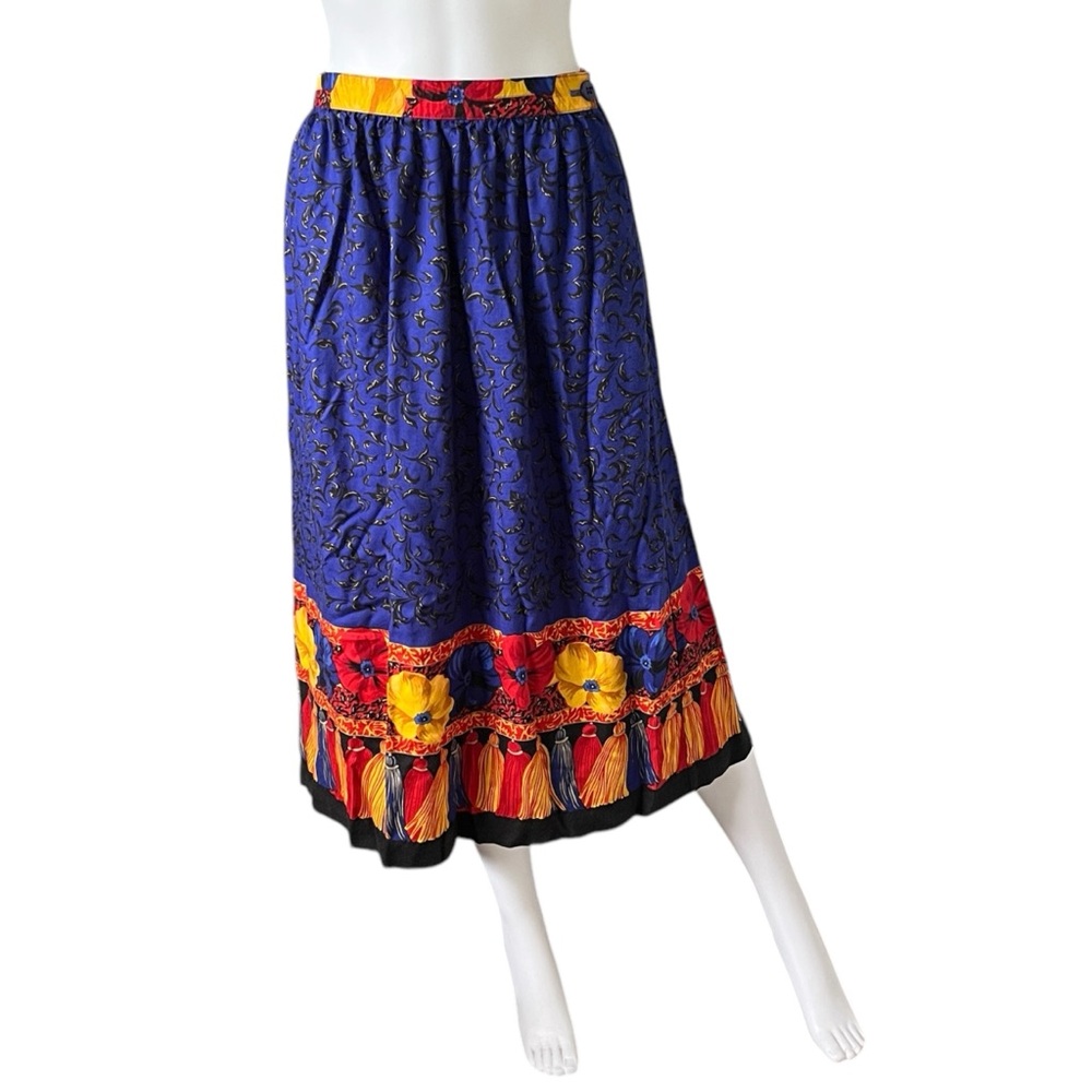 Vintage 90s Leslie Fay Midi Skirt Floral Tassel Print Rayon Size Petite 14